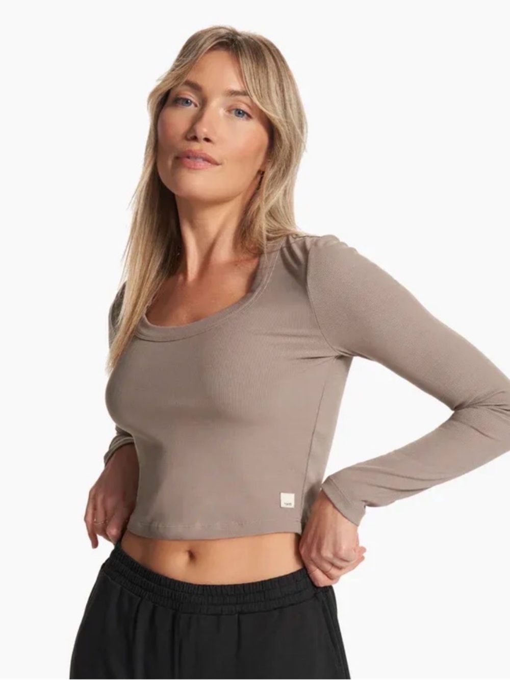 Vuori Taupe Long Sleeve Scoop Neck Crop Top